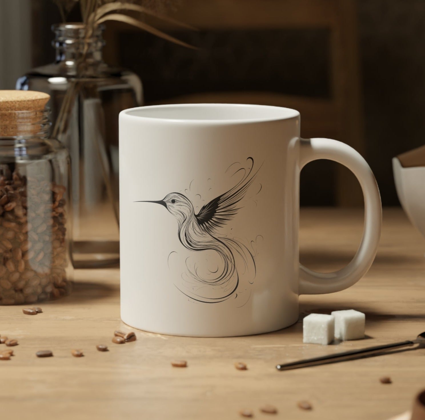 Bird Art Coffee Mug, Black Line Hummingbird Jumbo Mug, Minimalistic Coffee Mug, Mug Gift for Bird lover, Bird Mug