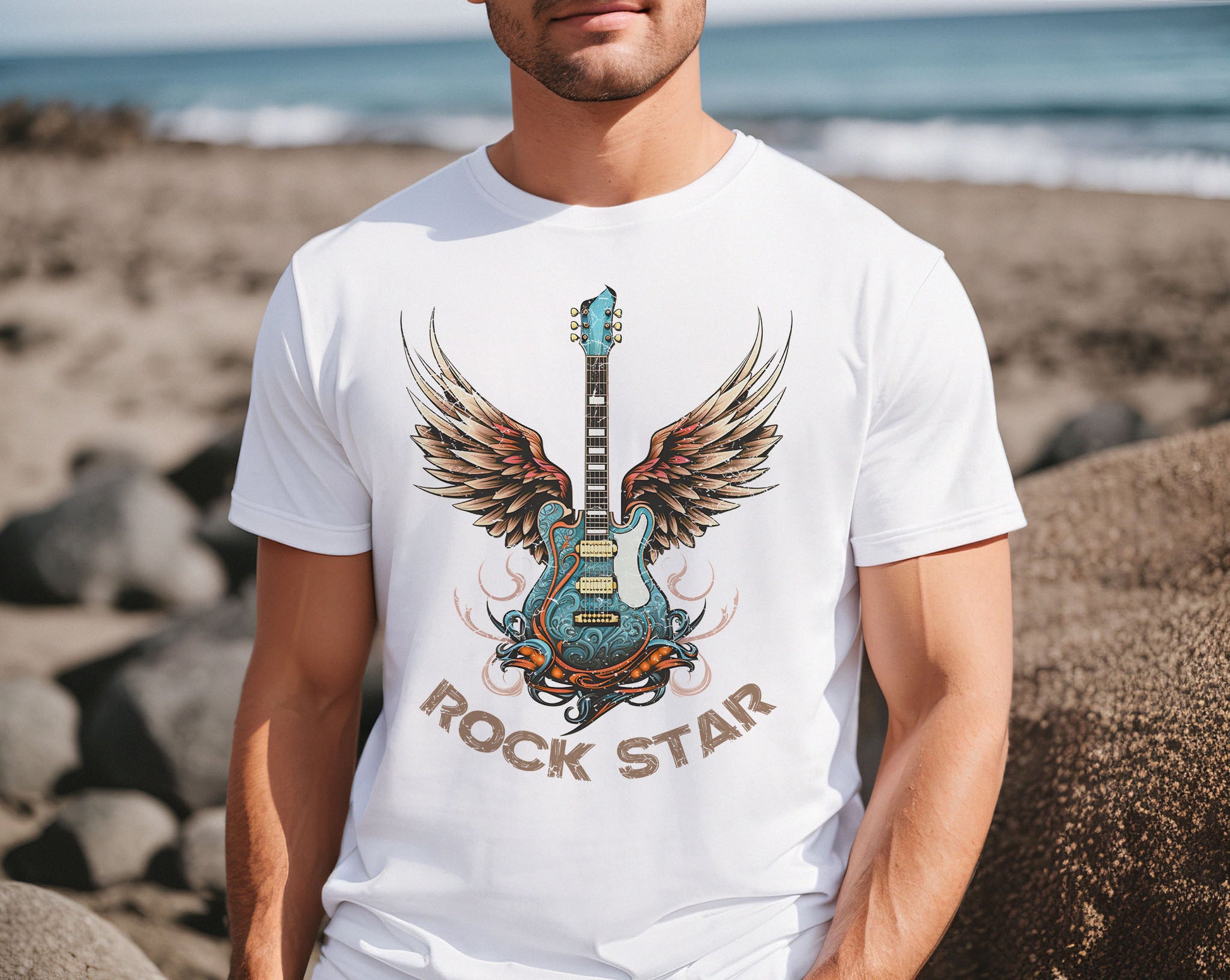 Rock Star Guitar With WIngs PNG sublimation design download, Grunge Tshirt Design, Distressed Music Lover Electric Guitar, Digital Download