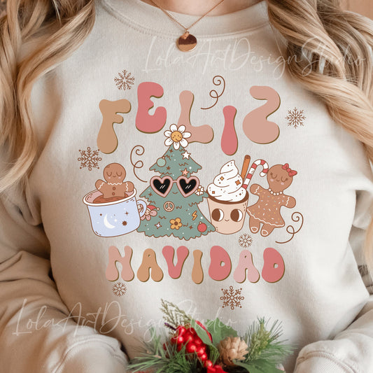 Feliz Navidad Png Sublimation, Retro Spanish Feliz Navidad Merry Christmas Png, Digital Download