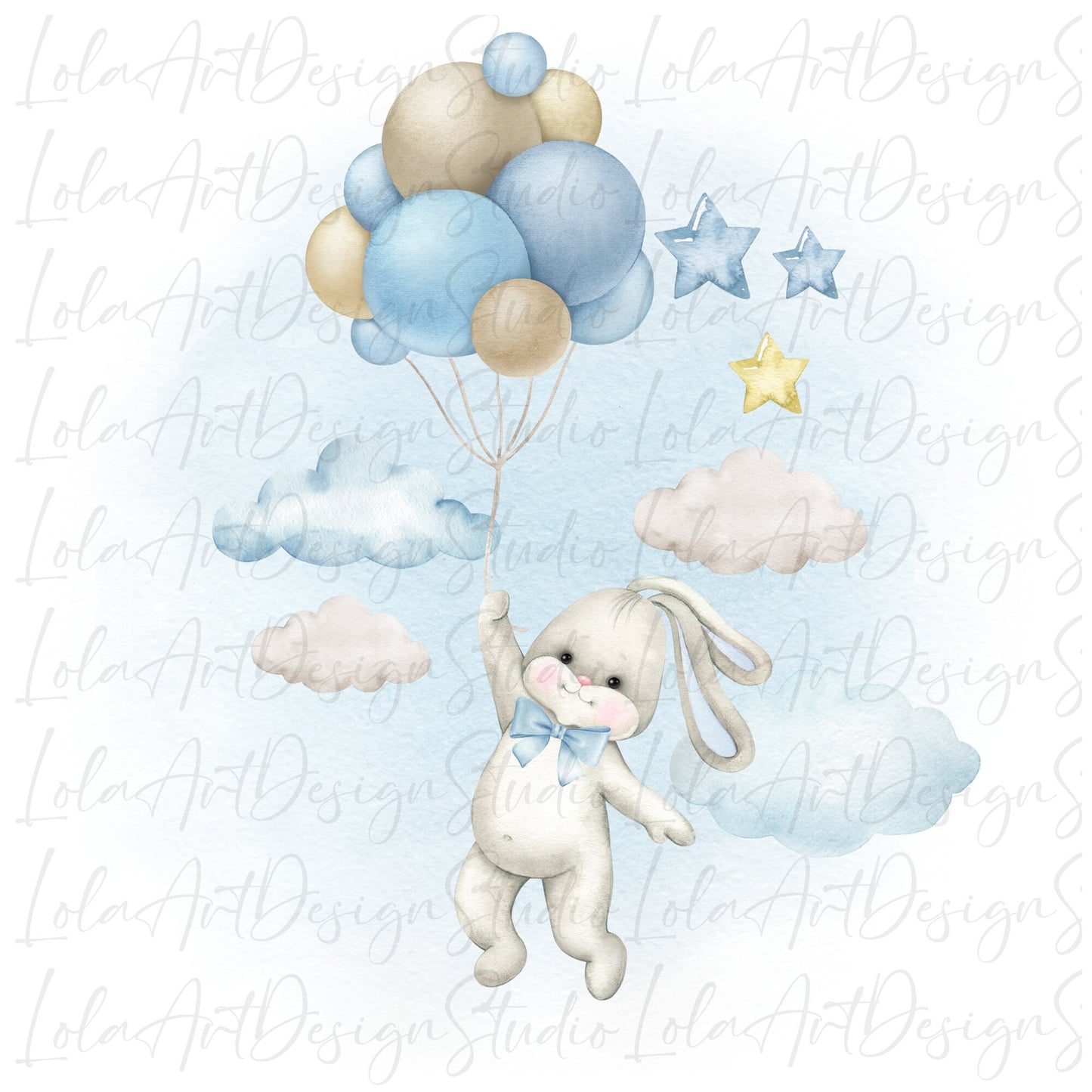 Cute Blue Bunny With Balloons PNG Sublimation Design, Sublimation For Kids/Baby Shower