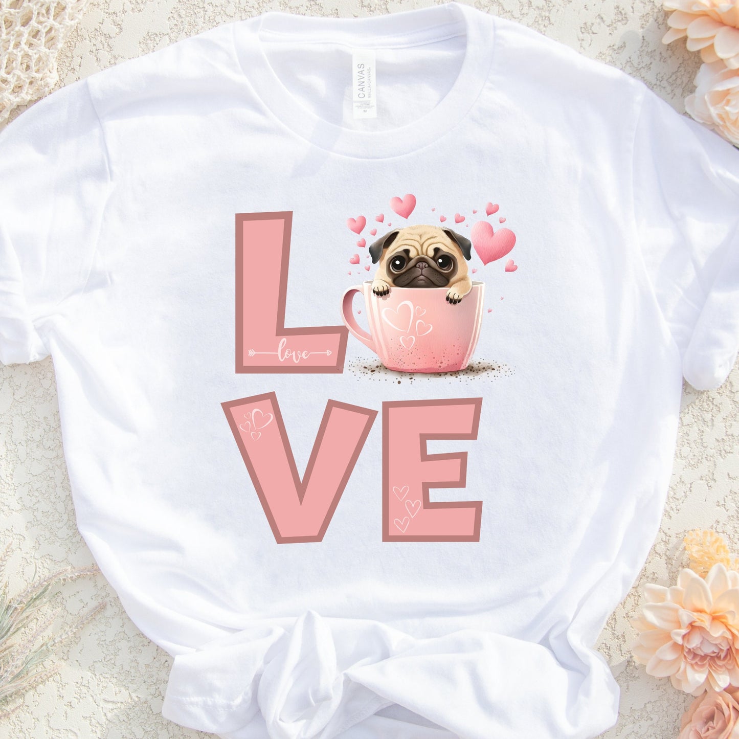 Love Pug Valentines PNG Sublimation, Valentine's Day Dog Pug Pink Shirt Design