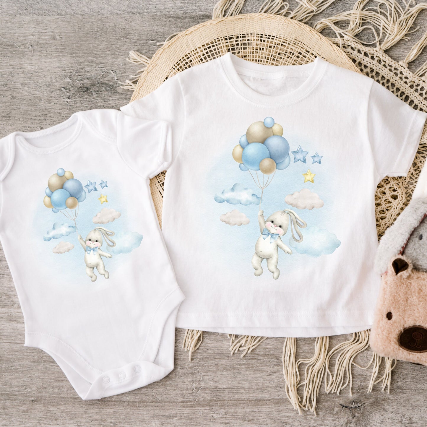 Cute Blue Bunny With Balloons PNG Sublimation Design, Sublimation For Kids/Baby Shower