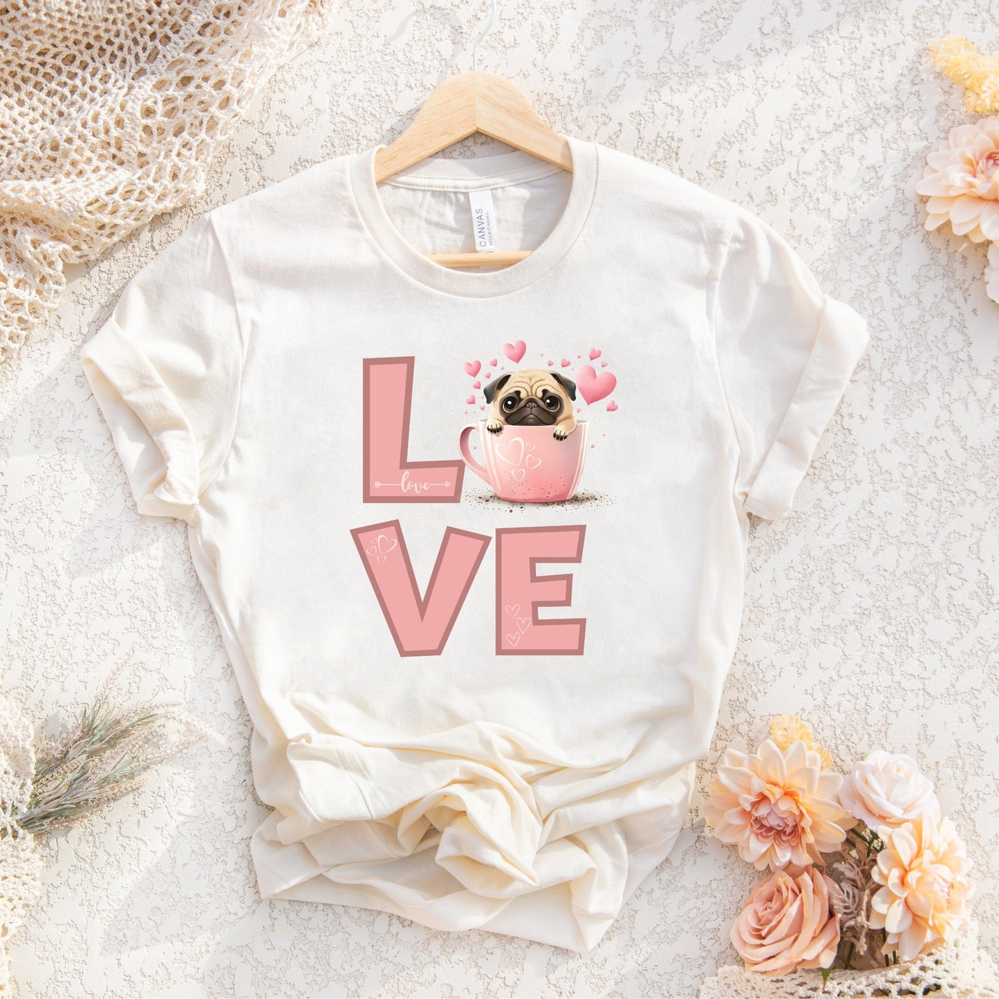 Love Pug Valentines PNG Sublimation, Valentine's Day Dog Pug Pink Shirt Design