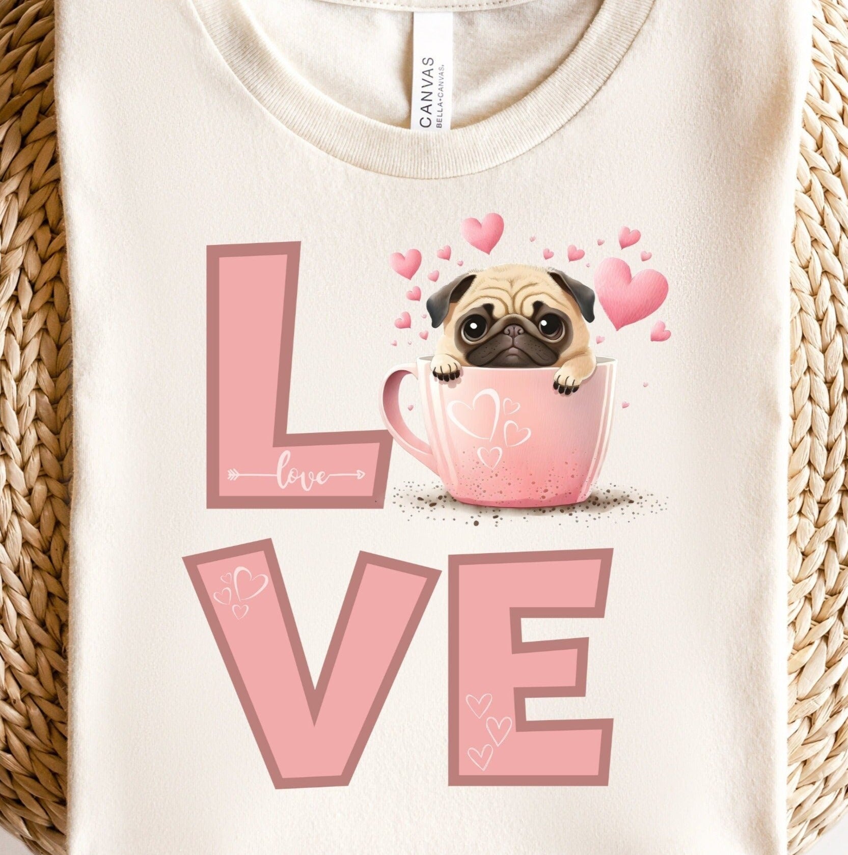 Love Pug Valentines PNG Sublimation, Valentine's Day Dog Pug Pink Shirt Design