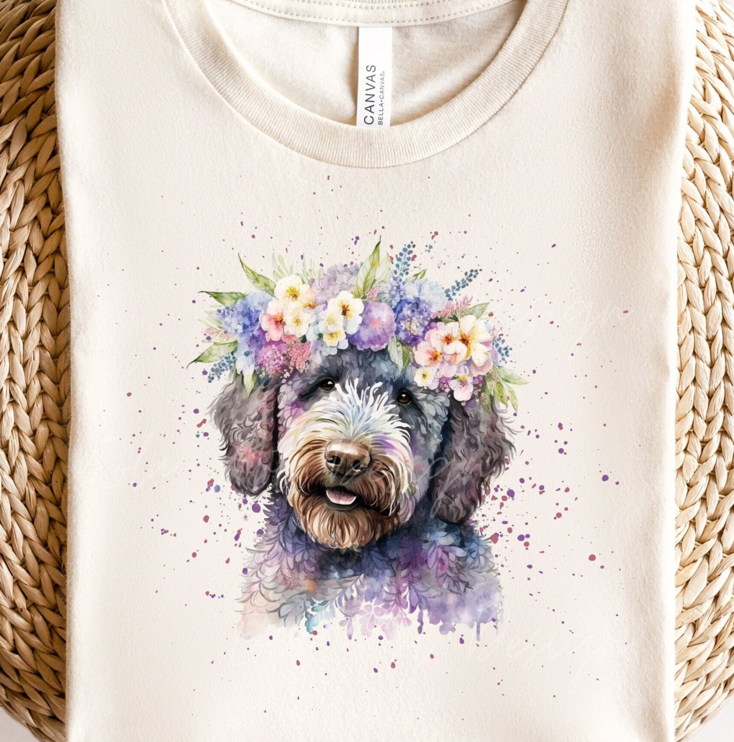 Labradoodle PNG Sublimation Design, Transparent Background Purple Labradoodle Floral Design Png