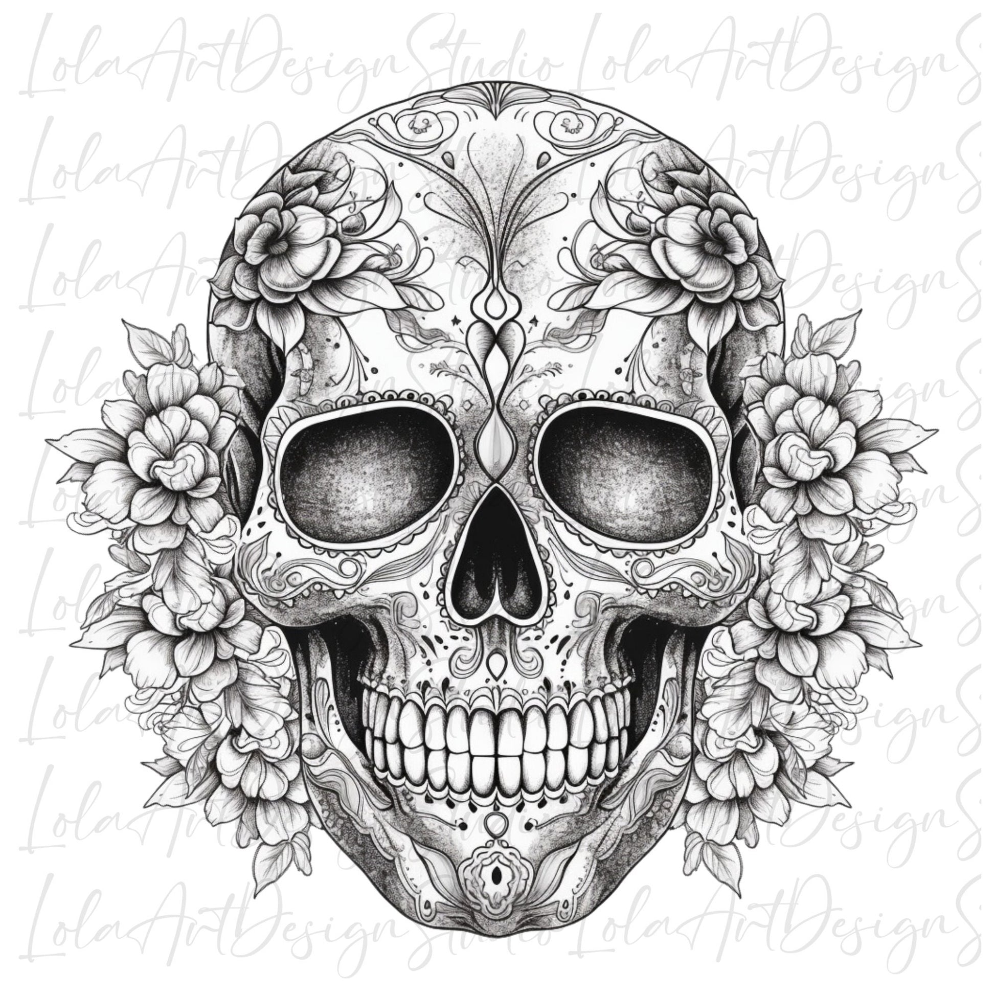 Sugar Skull PNG file for sublimation, Black And White Sugar Skull PNG, Floral Skull Sublimation design download, T-shirt design, Skull Png