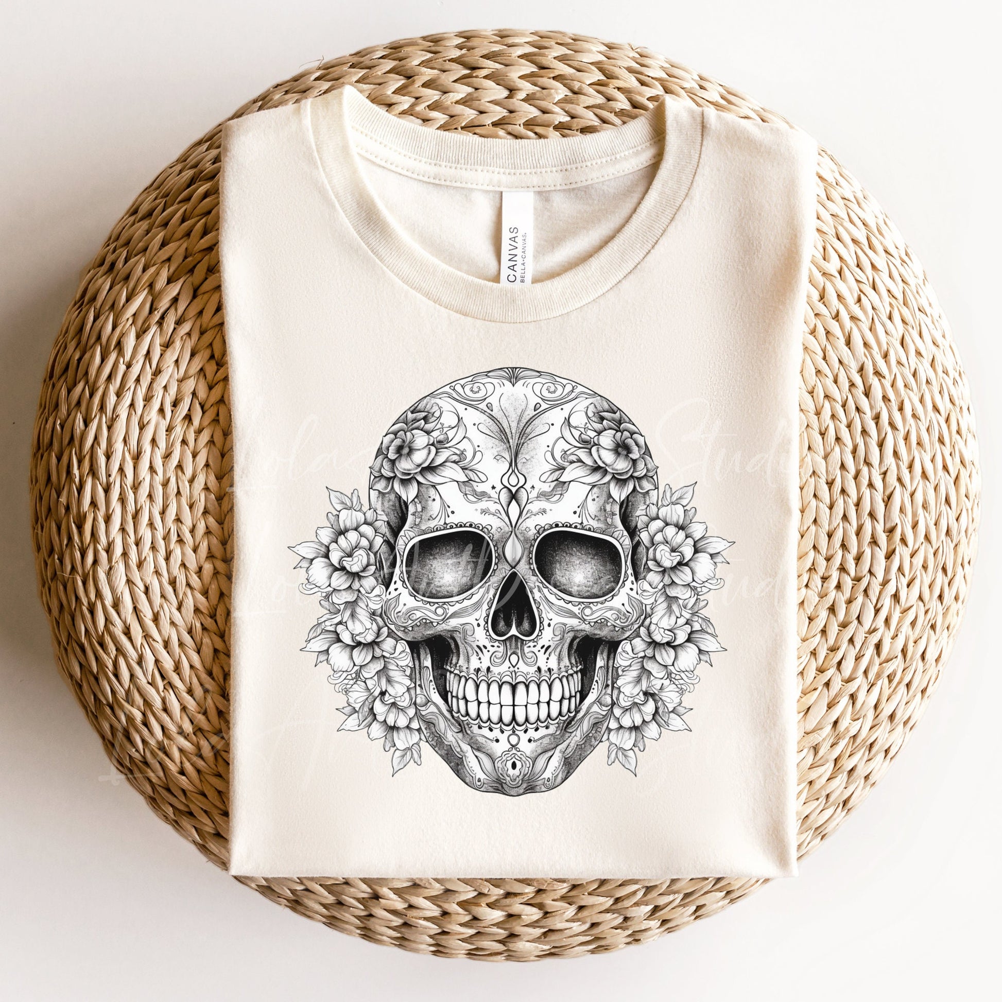 Sugar Skull PNG file for sublimation, Black And White Sugar Skull PNG, Floral Skull Sublimation design download, T-shirt design, Skull Png