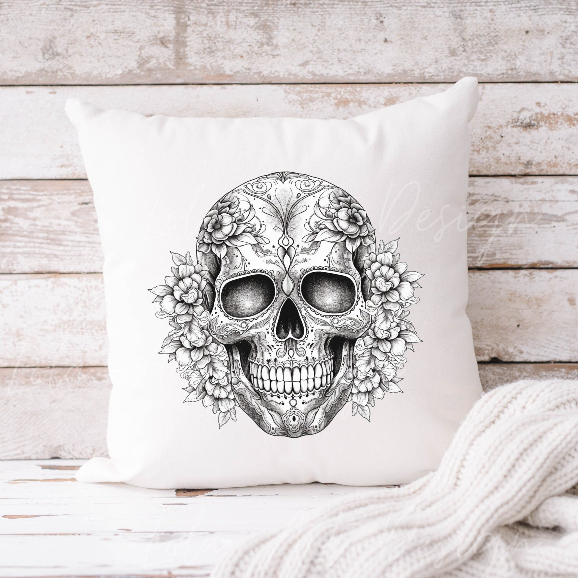 Sugar Skull PNG file for sublimation, Black And White Sugar Skull PNG, Floral Skull Sublimation design download, T-shirt design, Skull Png