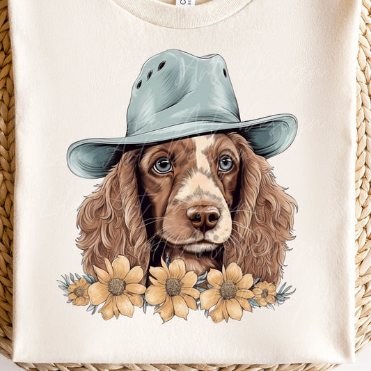 Spaniel Dog PNG for Sublimation and Print, Transparent Background Cute Cowboy Hat Cocker Spaniel Puppy Sublimation, Spaniel Dog Clipart Png