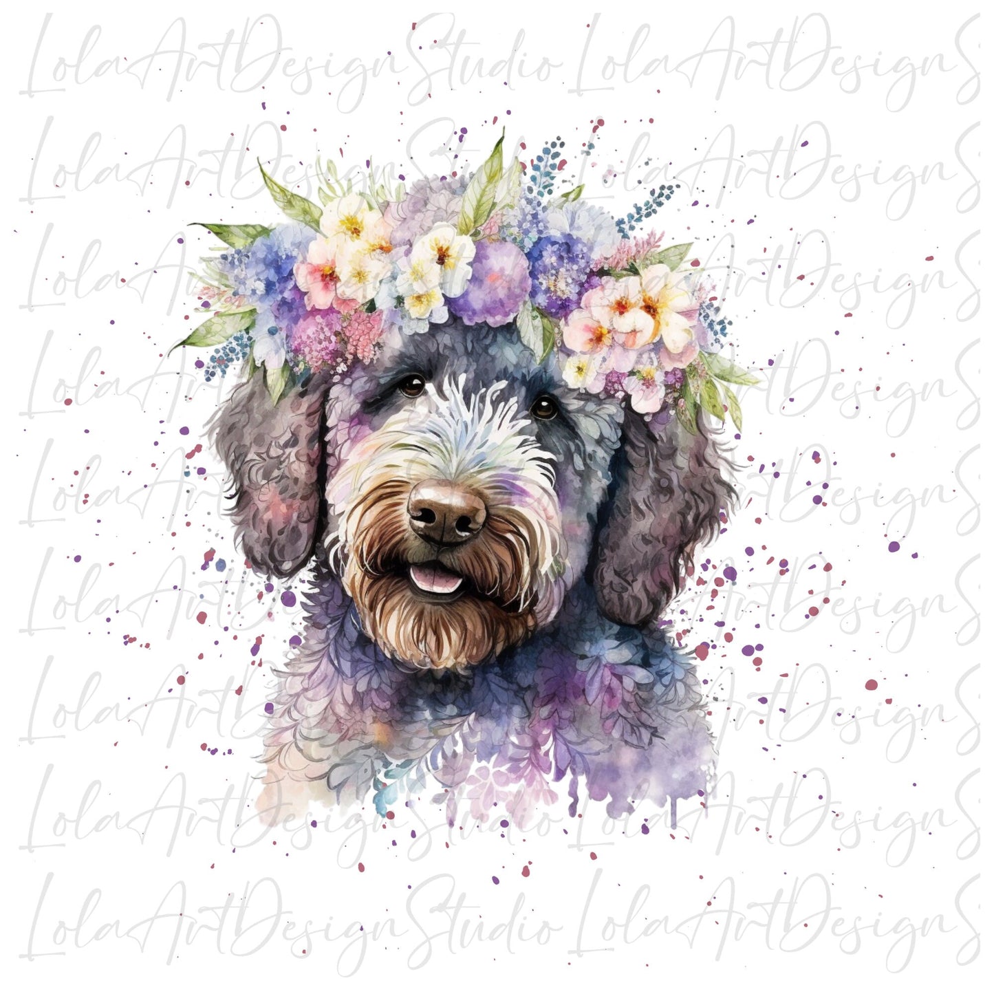 Labradoodle PNG Sublimation Design, Transparent Background Purple Labradoodle Floral Design Png