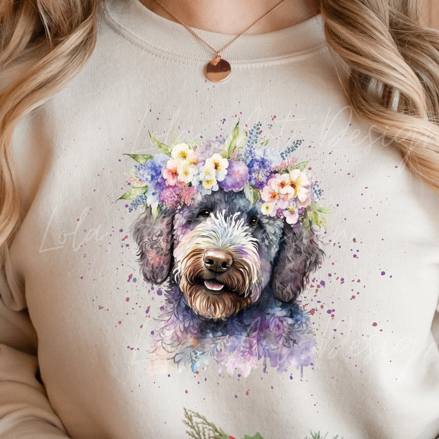 Labradoodle PNG Sublimation Design, Transparent Background Purple Labradoodle Floral Design Png