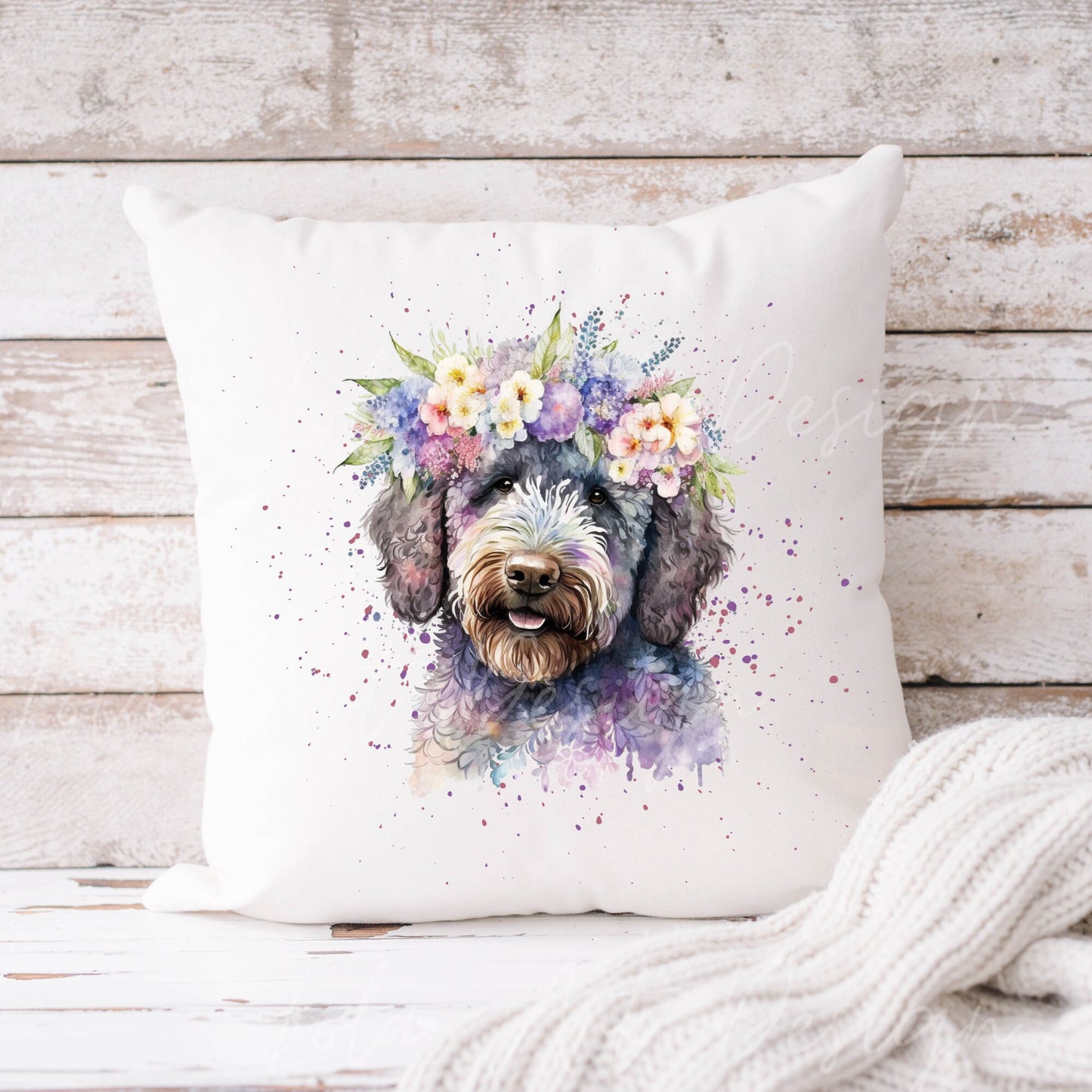 Labradoodle PNG Sublimation Design, Transparent Background Purple Labradoodle Floral Design Png