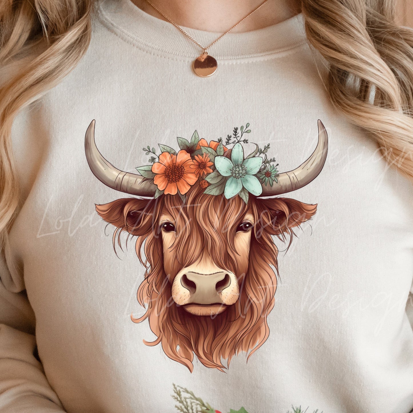 Highland Cow PNG Sublimation Design, Transparent Background Cute Highland Cow with floral crown Sublimation, Highland Cow Clipart Png