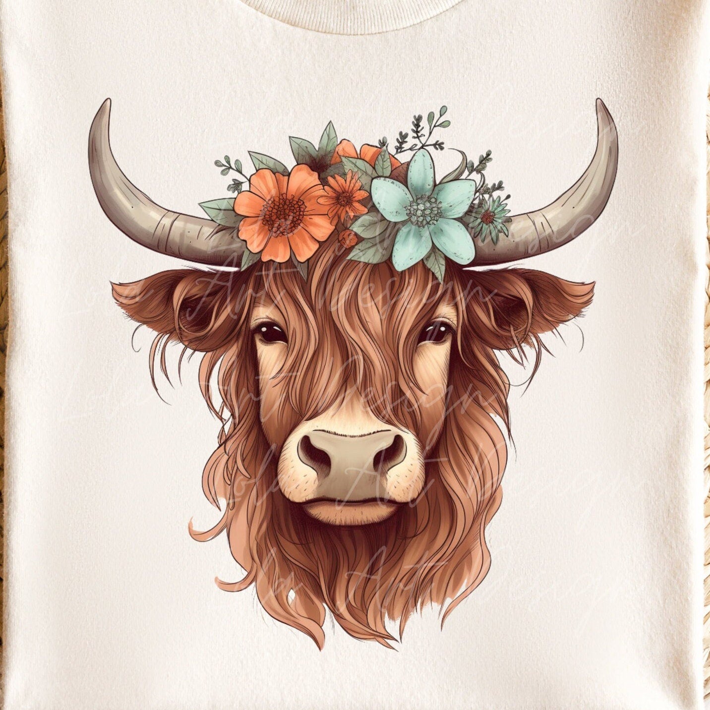 Highland Cow PNG Sublimation Design, Transparent Background Cute Highland Cow with floral crown Sublimation, Highland Cow Clipart Png