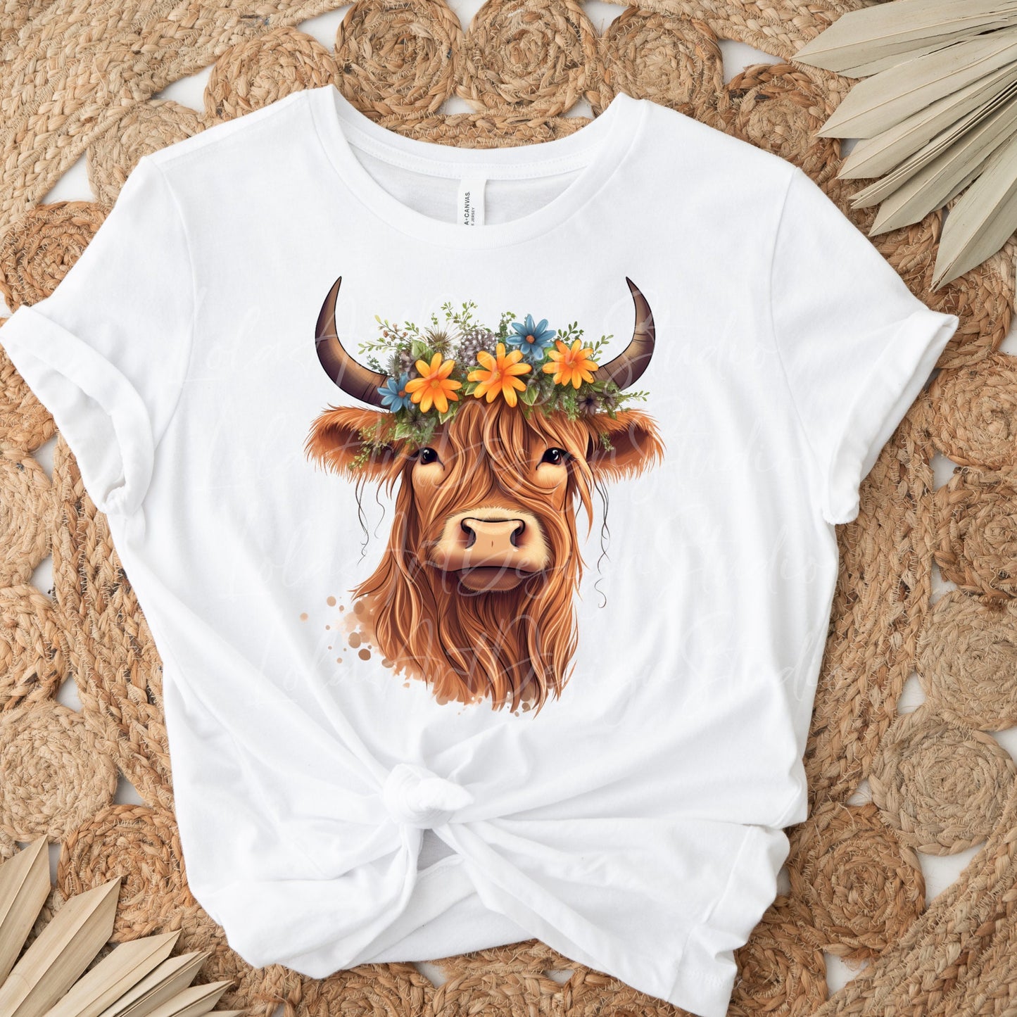 Floral Highland Cow PNG Sublimation Design, Transparent Background Cute Highland Cow with floral crown Sublimation, Highland Cow Clipart Png