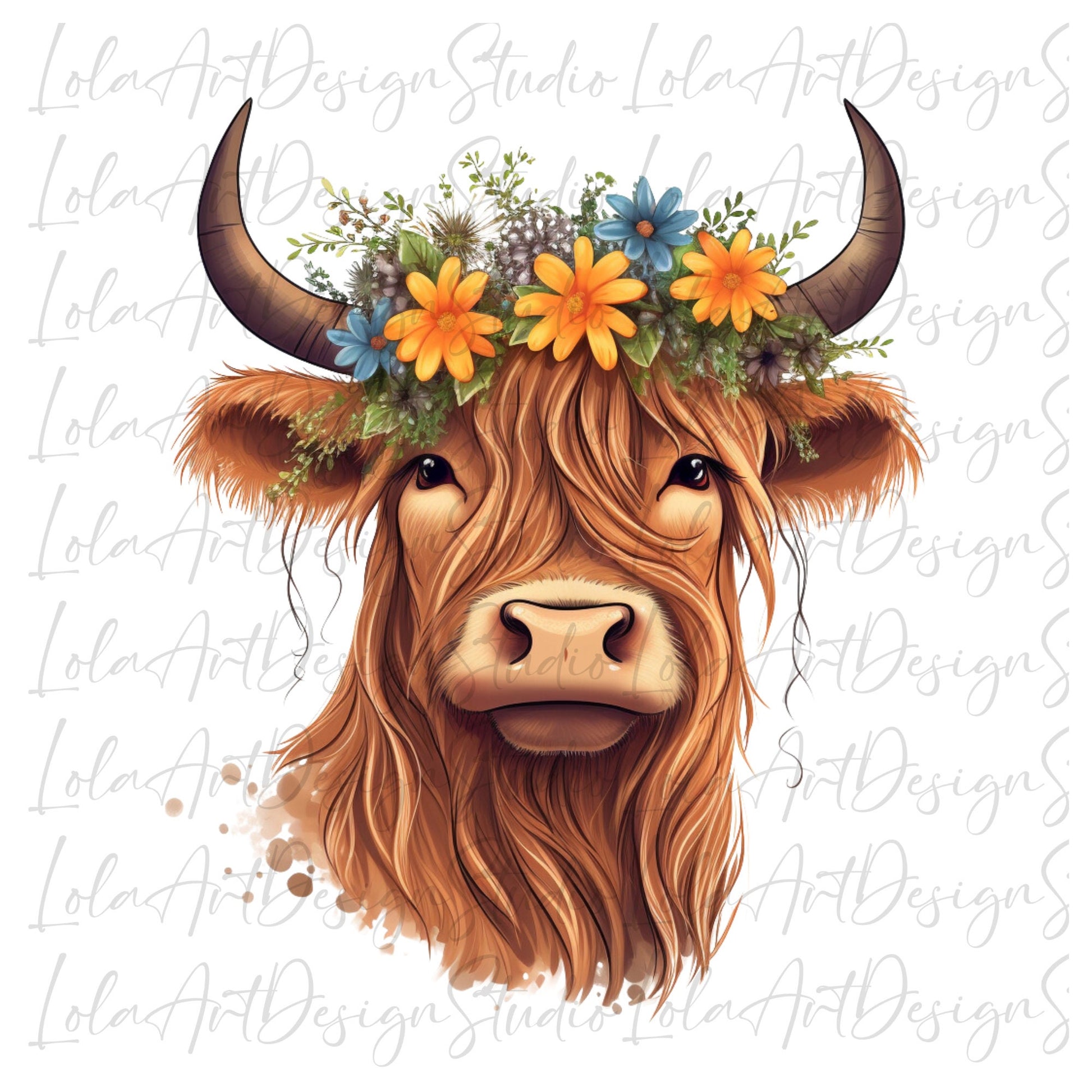 Floral Highland Cow PNG Sublimation Design, Transparent Background Cute Highland Cow with floral crown Sublimation, Highland Cow Clipart Png