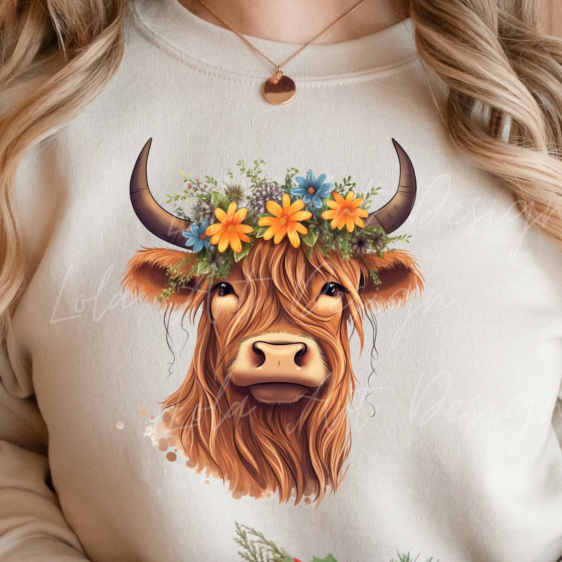 Floral Highland Cow PNG Sublimation Design, Transparent Background Cute Highland Cow with floral crown Sublimation, Highland Cow Clipart Png