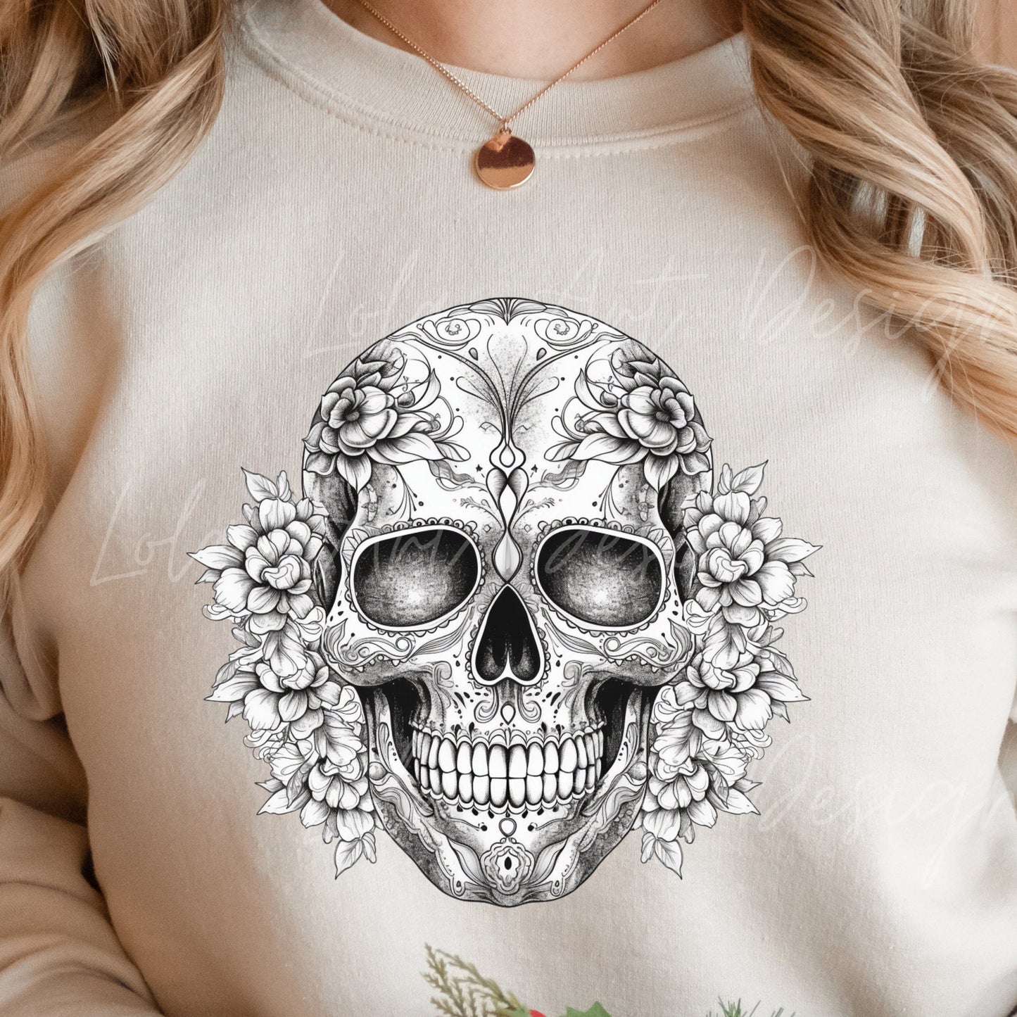 Sugar Skull PNG file for sublimation, Black And White Sugar Skull PNG, Floral Skull Sublimation design download, T-shirt design, Skull Png