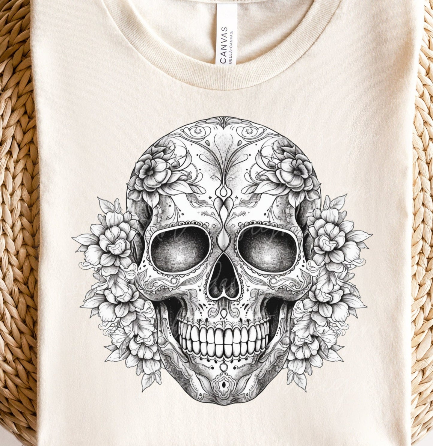 Sugar Skull PNG file for sublimation, Black And White Sugar Skull PNG, Floral Skull Sublimation design download, T-shirt design, Skull Png