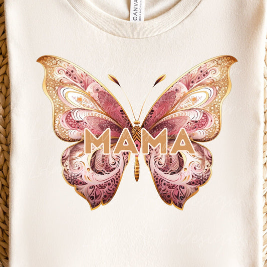 Butterfly Mama PNG Sublimation Digital Design Download, Gold and pink mama png