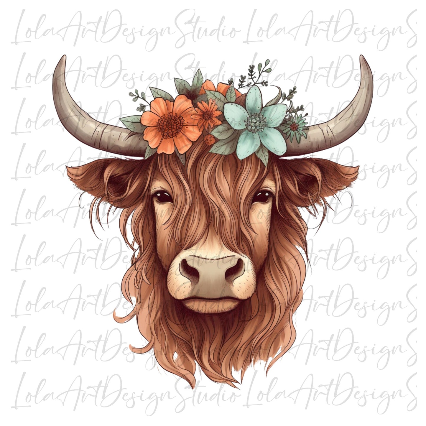 Highland Cow PNG Sublimation Design, Transparent Background Cute Highland Cow with floral crown Sublimation, Highland Cow Clipart Png