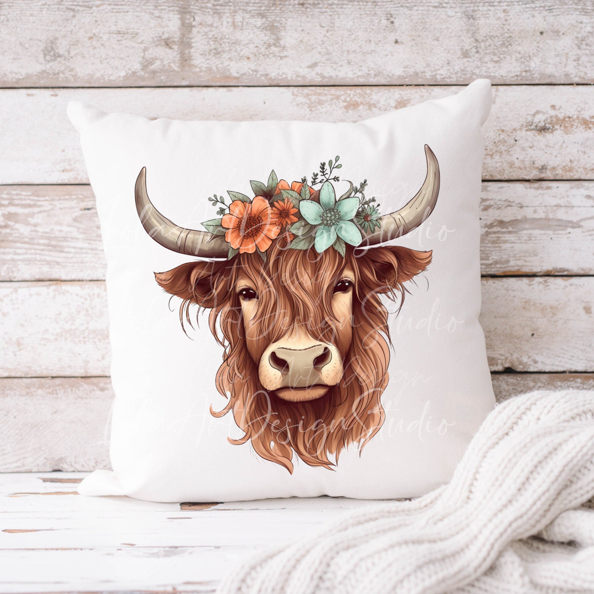 Highland Cow PNG Sublimation Design, Transparent Background Cute Highland Cow with floral crown Sublimation, Highland Cow Clipart Png