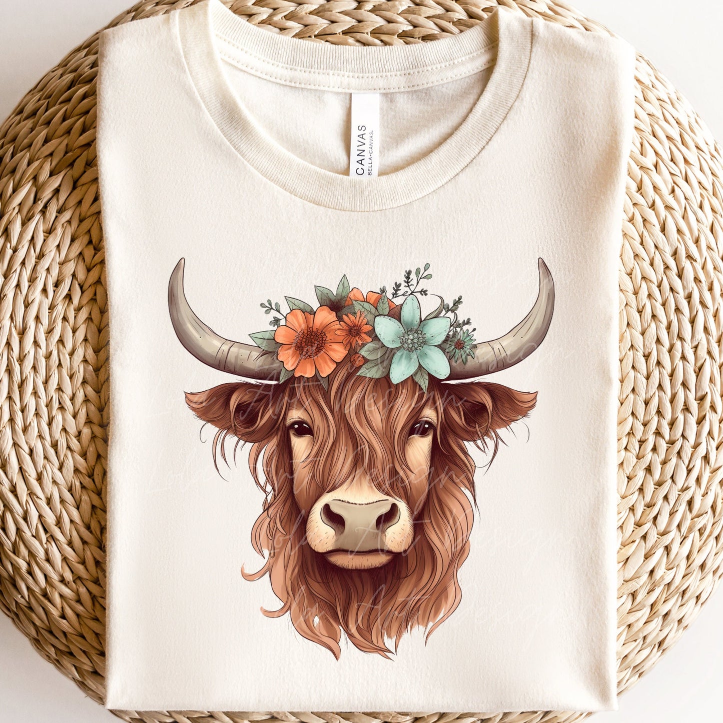 Highland Cow PNG Sublimation Design, Transparent Background Cute Highland Cow with floral crown Sublimation, Highland Cow Clipart Png