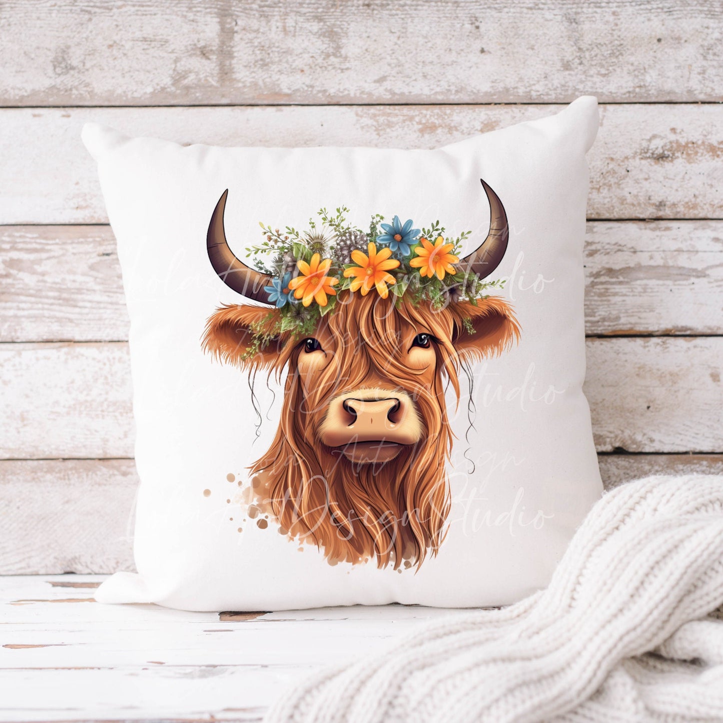 Floral Highland Cow PNG Sublimation Design, Transparent Background Cute Highland Cow with floral crown Sublimation, Highland Cow Clipart Png