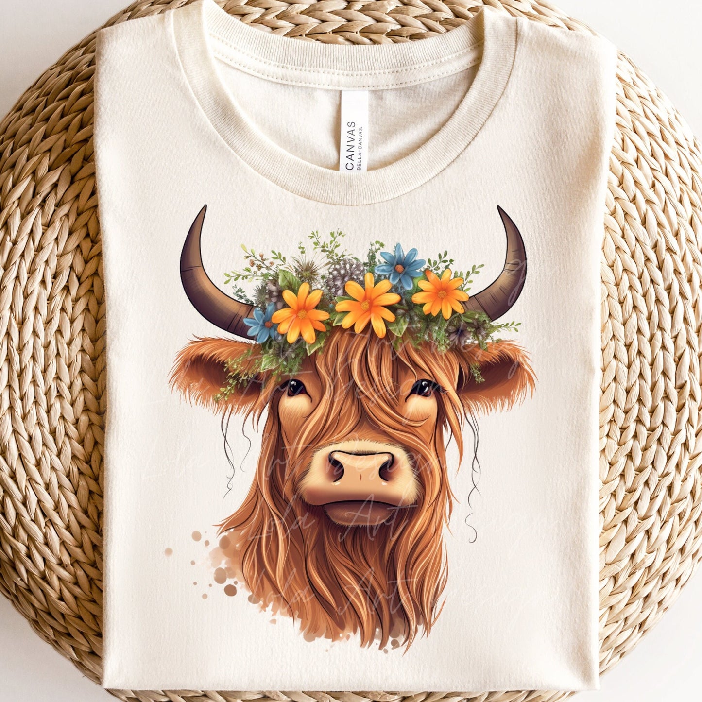 Floral Highland Cow PNG Sublimation Design, Transparent Background Cute Highland Cow with floral crown Sublimation, Highland Cow Clipart Png