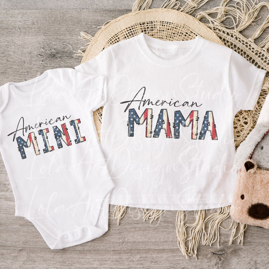 American Mama and Mini PNG Sublimation, 4th of July Png Patriotic Mama Mini Shirt Design Png